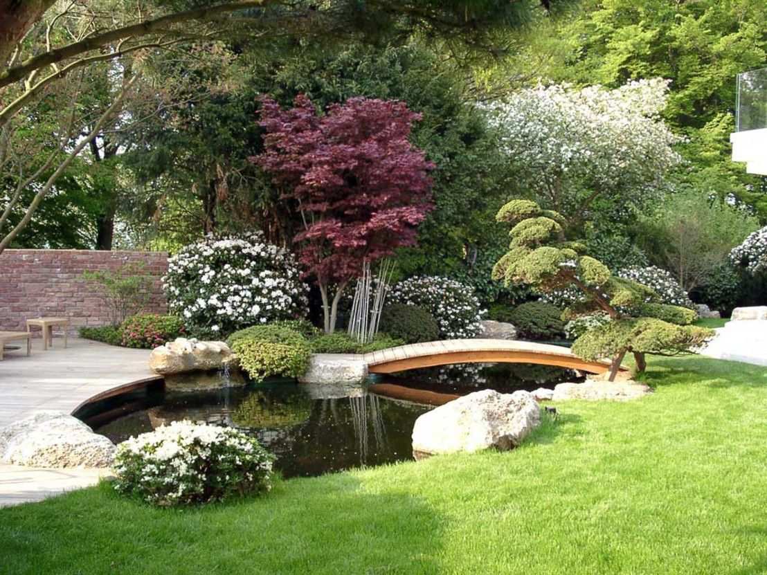 Oosterse Tuin Met Loopbrug En Prachtige Bloemen Rustieke Tuinen