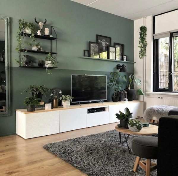 Woonkamer Met Witte Tvkast En Groene Muur Decoratie Huis